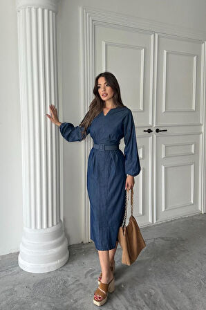 Yonca Moda Evi Mavi Tencel Uzun Kollu Elbise