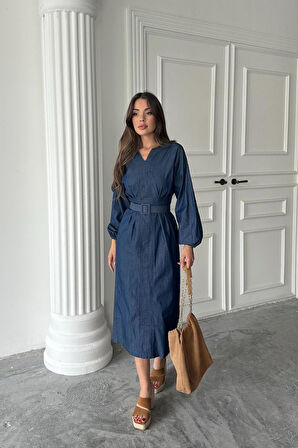 Yonca Moda Evi Mavi Tencel Uzun Kollu Elbise