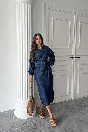 Yonca Moda Evi Mavi Tencel Uzun Kollu Elbise