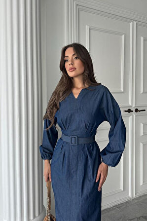 Yonca Moda Evi Mavi Tencel Uzun Kollu Elbise