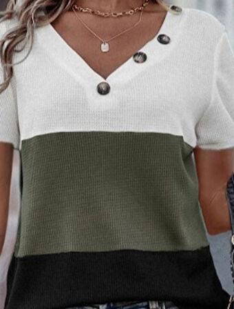 Yonca Moda Evi Kadın Kısa Kollu V Yakalı Düğmeli Waffle Bluz
