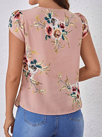 Yonca Moda Evi Kadın Kısa Kollu Bisiklet Yaka çiçek Baskılı Süprem Bluz