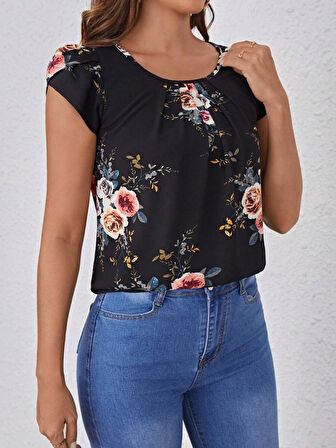 Yonca Moda Evi Kadın Kısa Kollu Bisiklet Yaka çiçek Baskılı Süprem Bluz