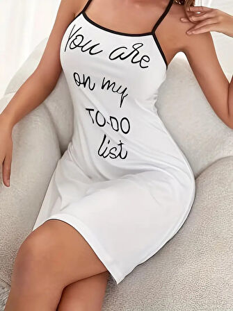 Yonca Moda Evi Kadın Kolsuz Askılı Sırt çapraz Detay To Do List Baskı Süprem Gecelik Elbise