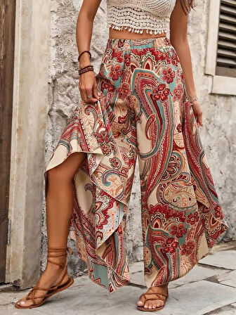 Yonca Moda Evi Kadın Yüksek Bel Beli Lastikli Desenli Geniş Paçalı Süprem Pantolon