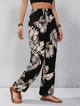 Yonca Moda Evi Kadın Yüksek Bel Bağcıklı Yaprak Desenli Süprem Pantolon