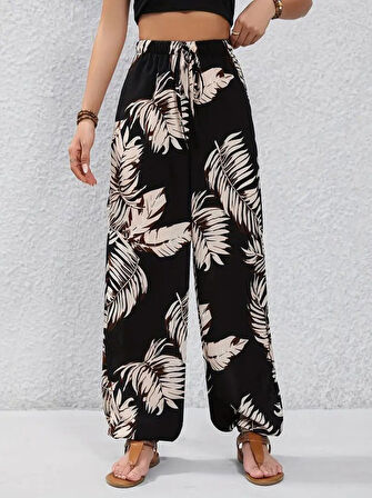 Yonca Moda Evi Kadın Yüksek Bel Bağcıklı Yaprak Desenli Süprem Pantolon