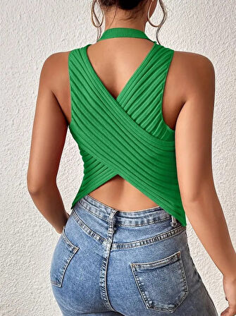 Yonca Moda Evi Kadın Sıfır Kol Sırt çapraz Detay Triko Bluz