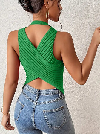 Yonca Moda Evi Kadın Sıfır Kol Sırt çapraz Detay Triko Bluz