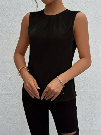 Yonca Moda Evi Kadın Askılı Yuvarlak Büzgü Yaka Sandy Bluz