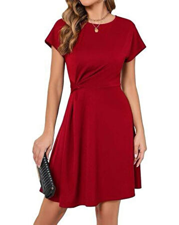 Yonca Moda Evi Kadın Sendy Kumaş Büzgü Detaylı Kısa Kollu Elbise