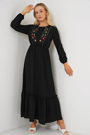 Yonca Moda Evi Nakışlı Uzun Tesettür Elbise 2550 - Siyah
