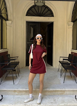 Yonca Moda Evi Osy Modal Yumuşak Dokulu Kumaş Parçalı Bisiklet Yaka T-shirt Mini Şortlu Etek İkili Takım -Bordo