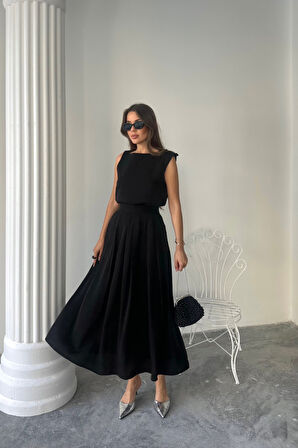 Yonca Moda Evi KETEN KOLSUZ BLUZ - MAXİ ETEK TAKIM - Siyah
