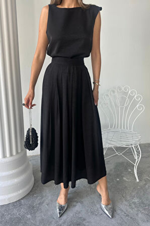 Yonca Moda Evi KETEN KOLSUZ BLUZ - MAXİ ETEK TAKIM - Siyah