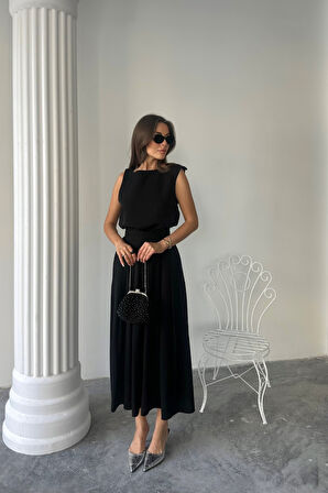 Yonca Moda Evi KETEN KOLSUZ BLUZ - MAXİ ETEK TAKIM - Siyah