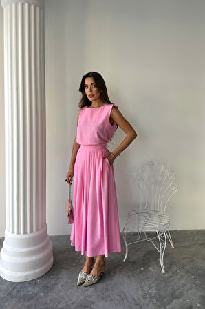 Yonca Moda Evi KETEN KOLSUZ BLUZ - MAXİ ETEK TAKIM - Pembe