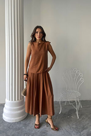 Yonca Moda Evi KETEN KOLSUZ BLUZ - MAXİ ETEK TAKIM - Kahverengi