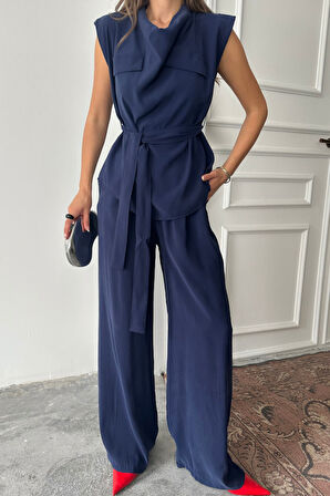 Yonca Moda Evi TENCEL MODAL KOLSUZ BLUZ KAPALI CEP DETAYLI DÖKÜMLÜ - PANTOLON TAKIM - Lacivert