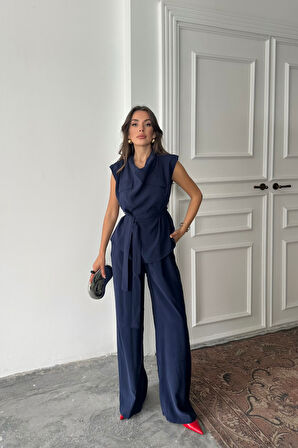 Yonca Moda Evi TENCEL MODAL KOLSUZ BLUZ KAPALI CEP DETAYLI DÖKÜMLÜ - PANTOLON TAKIM - Lacivert
