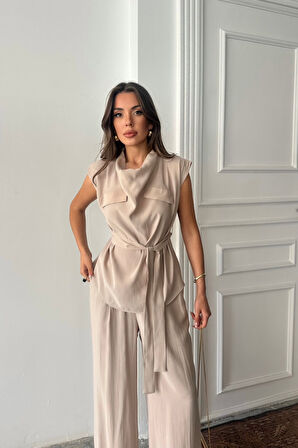 Yonca Moda Evi TENCEL MODAL KOLSUZ BLUZ KAPALI CEP DETAYLI DÖKÜMLÜ - PANTOLON TAKIM - Bej