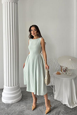 Yonca Moda Evi Mint Yanları Büzgülü Midi Boy Keten Elbise