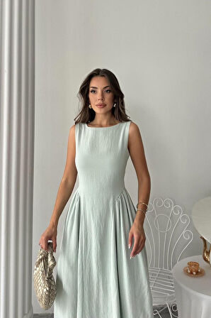 Yonca Moda Evi Mint Yanları Büzgülü Midi Boy Keten Elbise