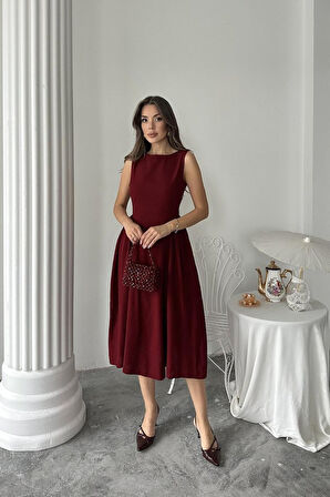 Yonca Moda Evi Bordo Yanları Büzgülü Midi Boy Keten Elbise