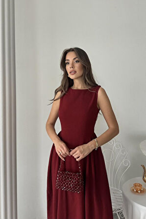 Yonca Moda Evi Bordo Yanları Büzgülü Midi Boy Keten Elbise