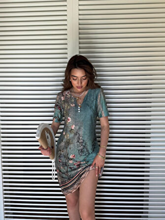 Yonca Moda Evi Kadın Kısa Kollu V Yakalı çiçek Baskılı Midi Süprem Elbise