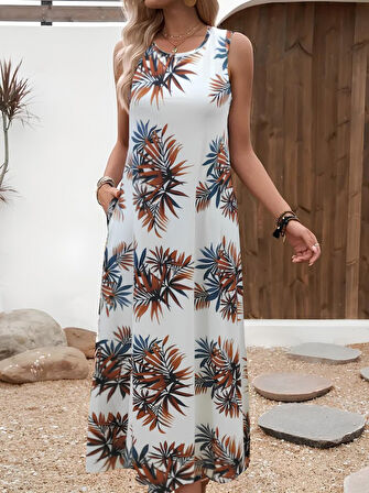 Yonca Moda Evi Kadın Askılı Yuvarlak Yaka Cepli Desenli Süprem Elbise