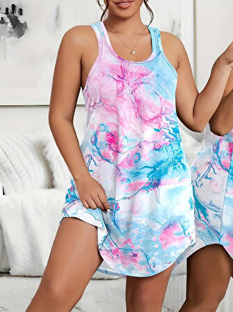 Yonca Moda Evi Kadın Kolsuz Sporcu Yaka Baskılı Süprem Elbise