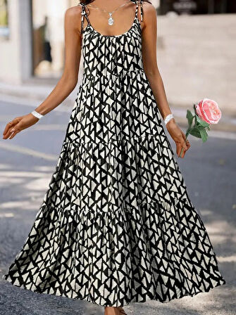 Yonca Moda Evi Kadın Askılı Yuvarlak Yaka Fırfırlı Desenli Uzun Bürümcük Elbise
