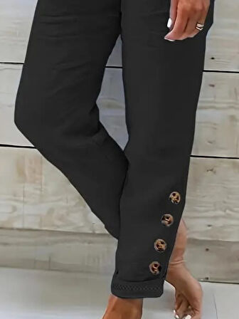 Yonca Moda Evi Kadın Yüksek Bel Lastikli Yandan Düğmeli Ithal Keten Pantolon