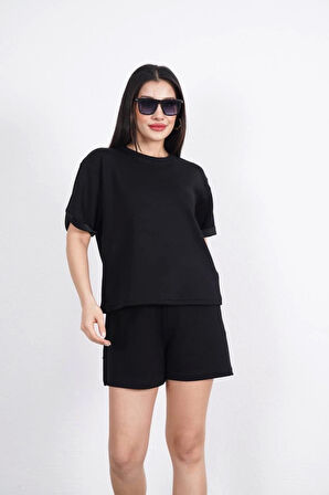 Yonca Moda Evi Osy Modal Yumuşak Dokulu Kumaş Bisiklet Yaka T-shirt Kısa Şort İkili Takım - Siyah
