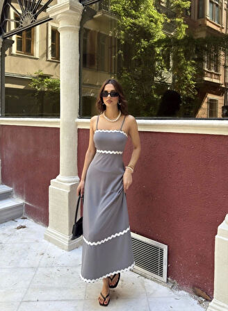 Yonca Moda Evi Askılı Uzun Şerit Detaylı Şık Ve Rahat Elbise - Gri