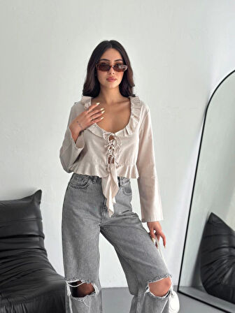 Yonca Moda Evi Keten Uzun Kol Bağacık Detaylı Bluz - Bej