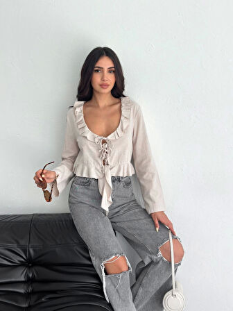 Yonca Moda Evi Keten Uzun Kol Bağacık Detaylı Bluz - Bej