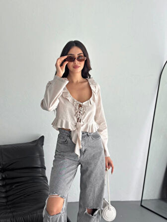 Yonca Moda Evi Keten Uzun Kol Bağacık Detaylı Bluz - Bej