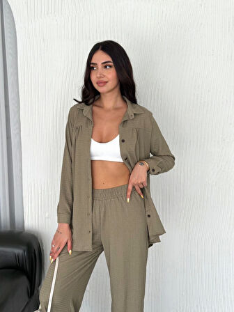 Yonca Moda Evi Yakalı Düğmeli Uzun Kollu Gömlek Pantolon Ikili Takım - Bej
