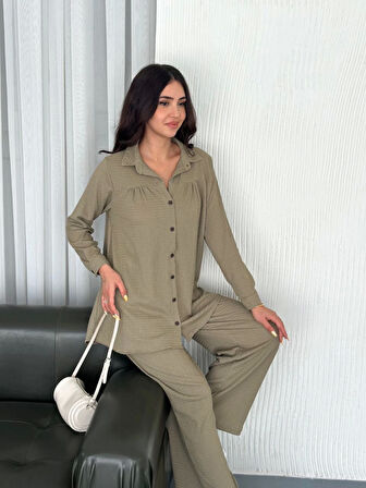 Yonca Moda Evi Yakalı Düğmeli Uzun Kollu Gömlek Pantolon Ikili Takım - Bej