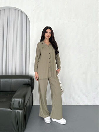 Yonca Moda Evi Yakalı Düğmeli Uzun Kollu Gömlek Pantolon Ikili Takım - Bej