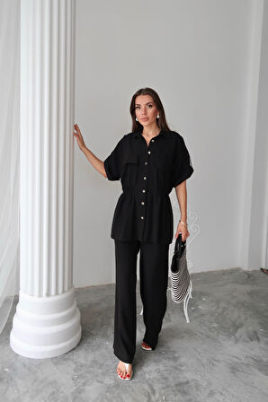 Yonca Moda Evi KETEN BELDEN BÜZGÜ DETAYLI GÖMLEK - PANTOLON TAKIM - Siyah