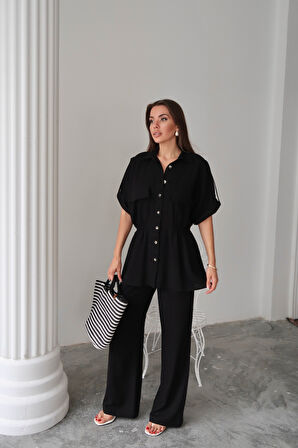 Yonca Moda Evi KETEN BELDEN BÜZGÜ DETAYLI GÖMLEK - PANTOLON TAKIM - Siyah