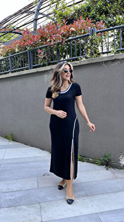 Yonca Moda Evi Kadın Yuvarlak Ribana Yaka Beyaz Yırtmaç Detaylı Viskon Tam Boy Elbise