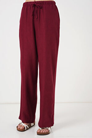 Yonca Moda Evi Geniş Paça Keten Pantolon 6735 - Bordo