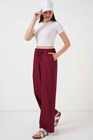Yonca Moda Evi Geniş Paça Keten Pantolon 6735 - Bordo