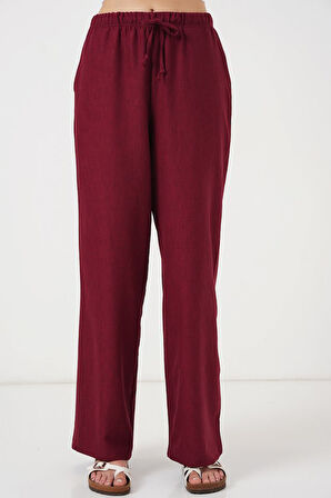 Yonca Moda Evi Geniş Paça Keten Pantolon 6735 - Bordo