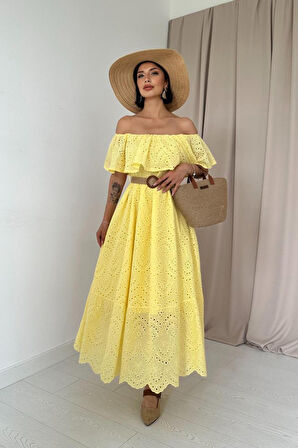 Yonca Moda Evi Sarı Omzu Lastikli Brode Elbise