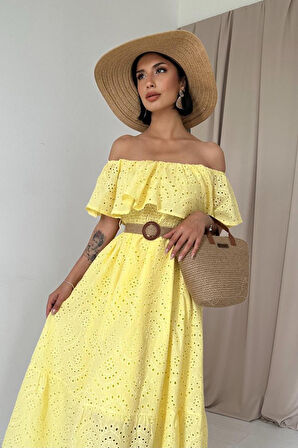 Yonca Moda Evi Sarı Omzu Lastikli Brode Elbise